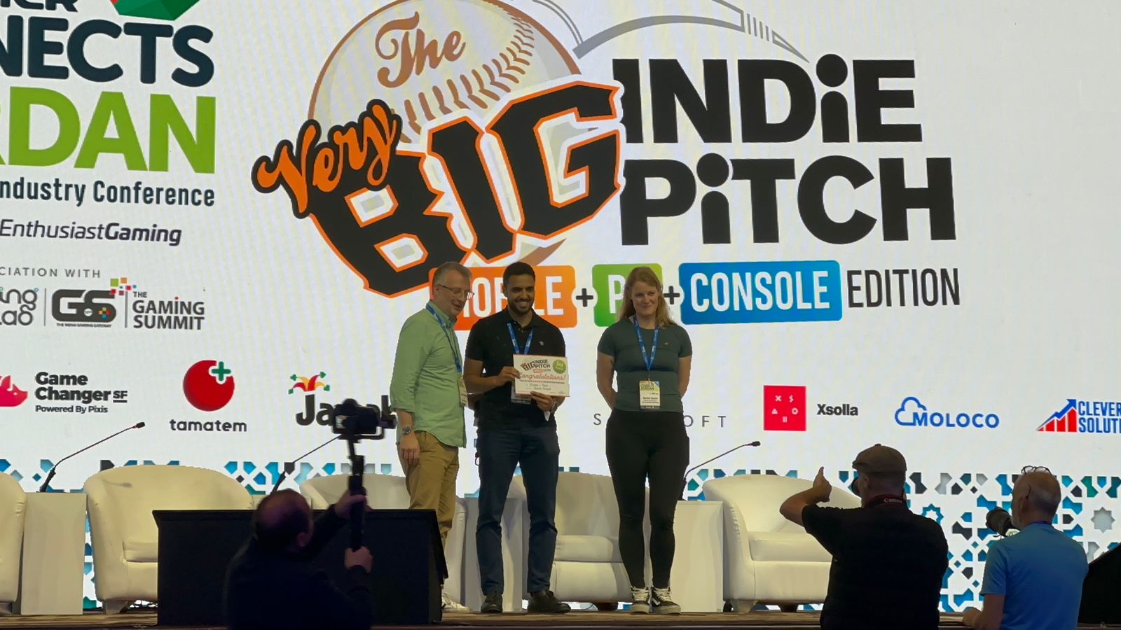 Egyptian game developer winning the Very Big Indie Pitch at an international industry conference